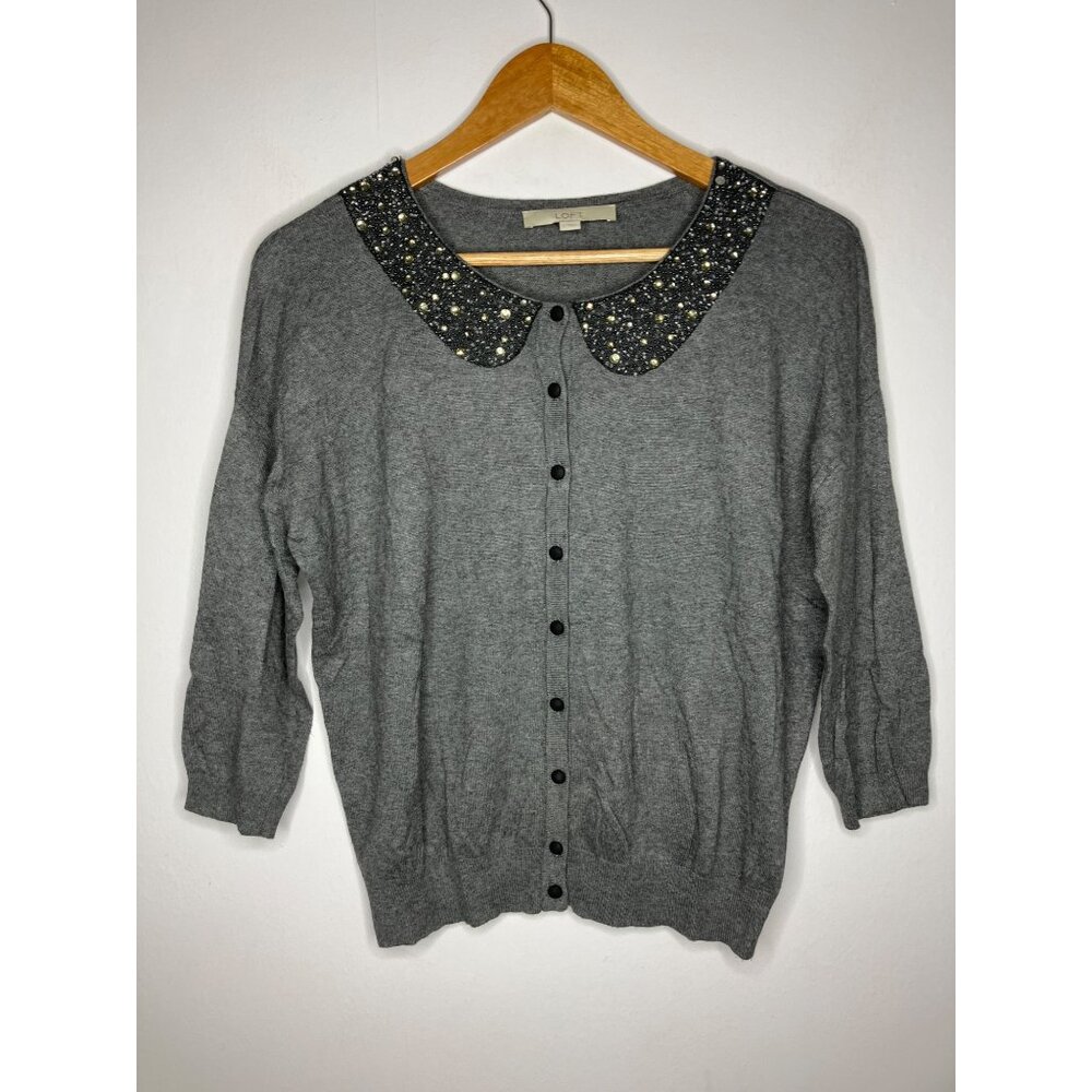 Ann Taylor Loft Gray Beaded Collar Button-Up Cardigan Sweater Womens Small